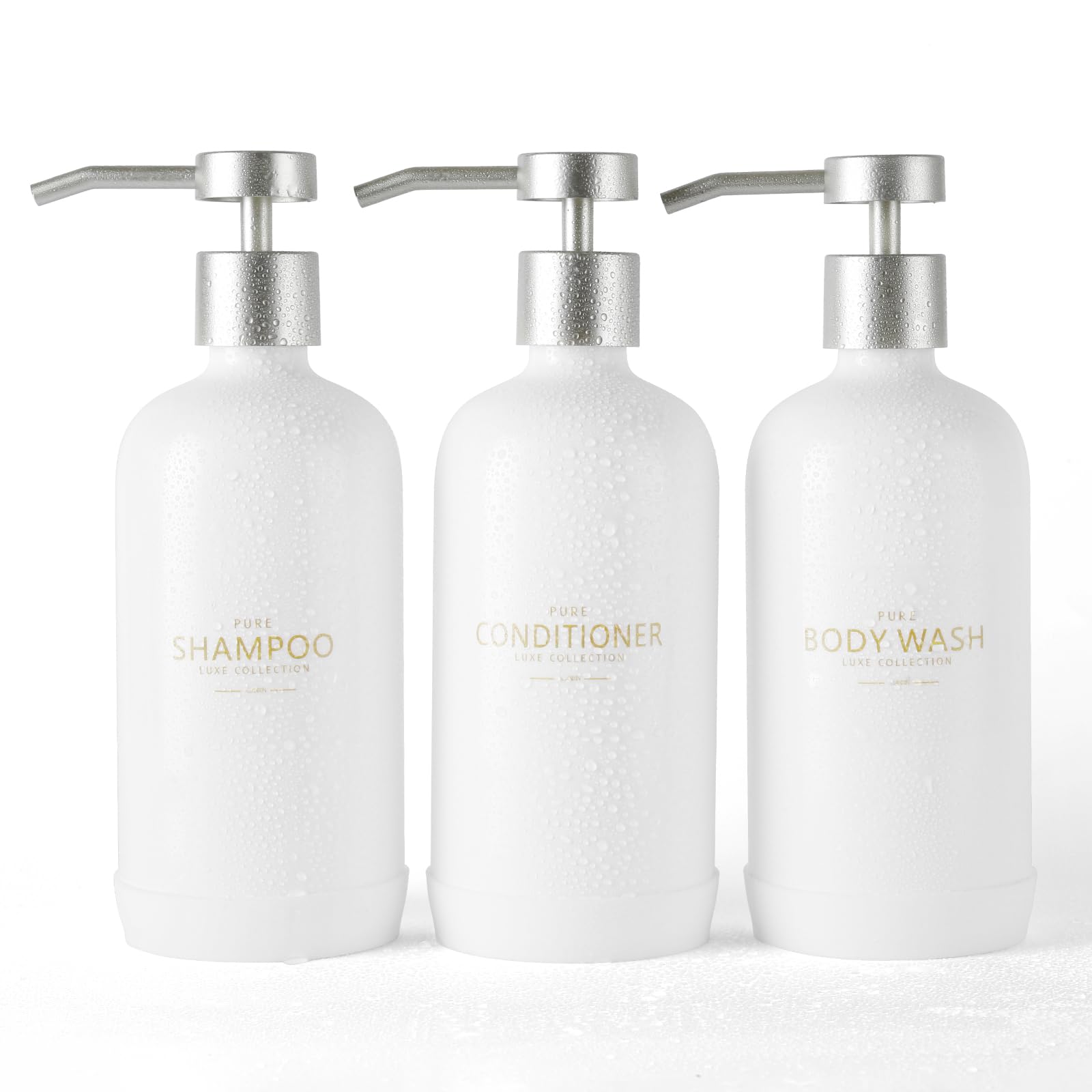 White Refillable 21oz Shampoo Bottles with Non-Slip Silicone Pad for Shower
| Waterproof Labels and Non-Slip Silicone P