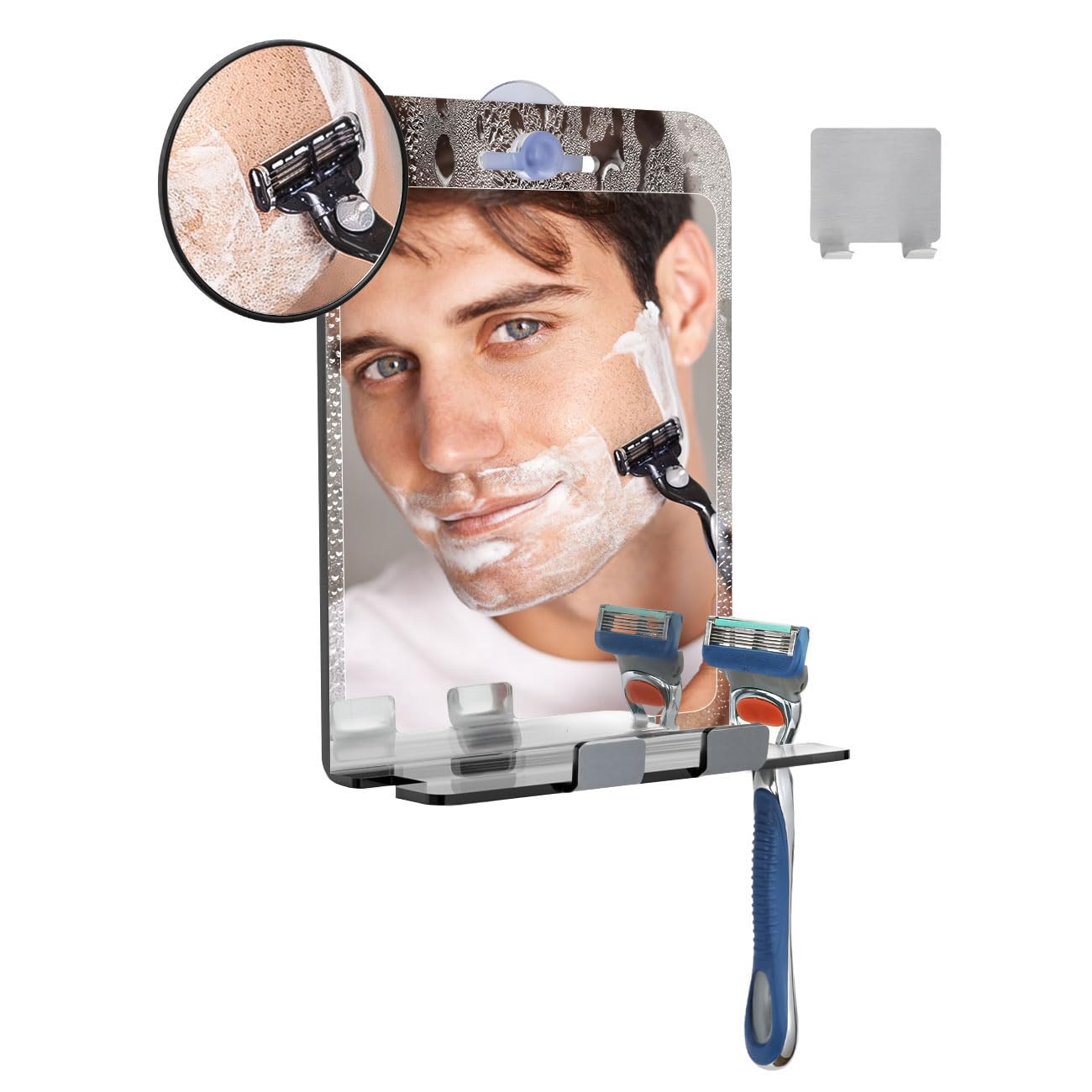 Shinowa Fogless Shower Mirror for Shaving with Razor Holder & Suction Cup, Shatterproof Hanging 5X Magnifying Stainless
