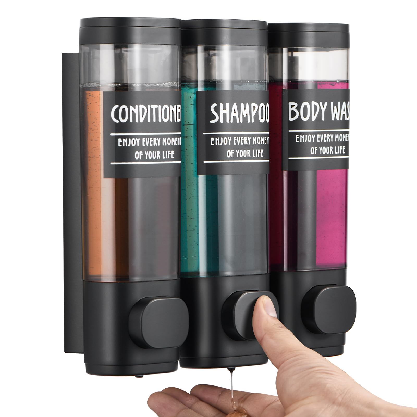 GlintGath 3 Chamber No Drill Shampoo Dispenser for Shower Matte Black 3 * 300ML Bathroom Hotel Room Shampoo Conditioner