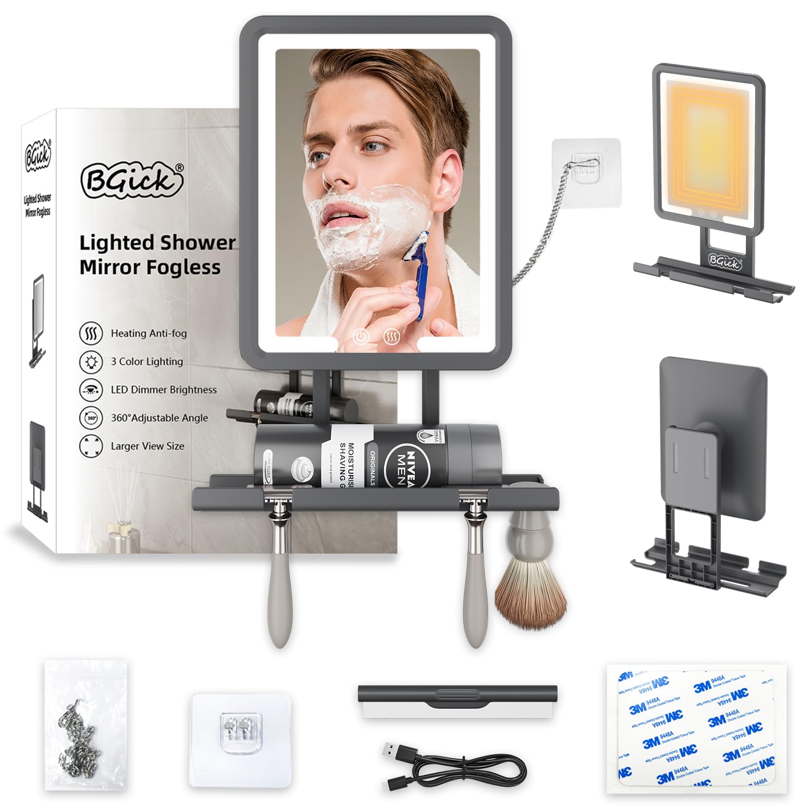 Lighted Anti-Fog Shower Mirror for Shaving Grey - 3 Color Modes Dimming Fogless with Light, 360°Rotation, Rechargeable S