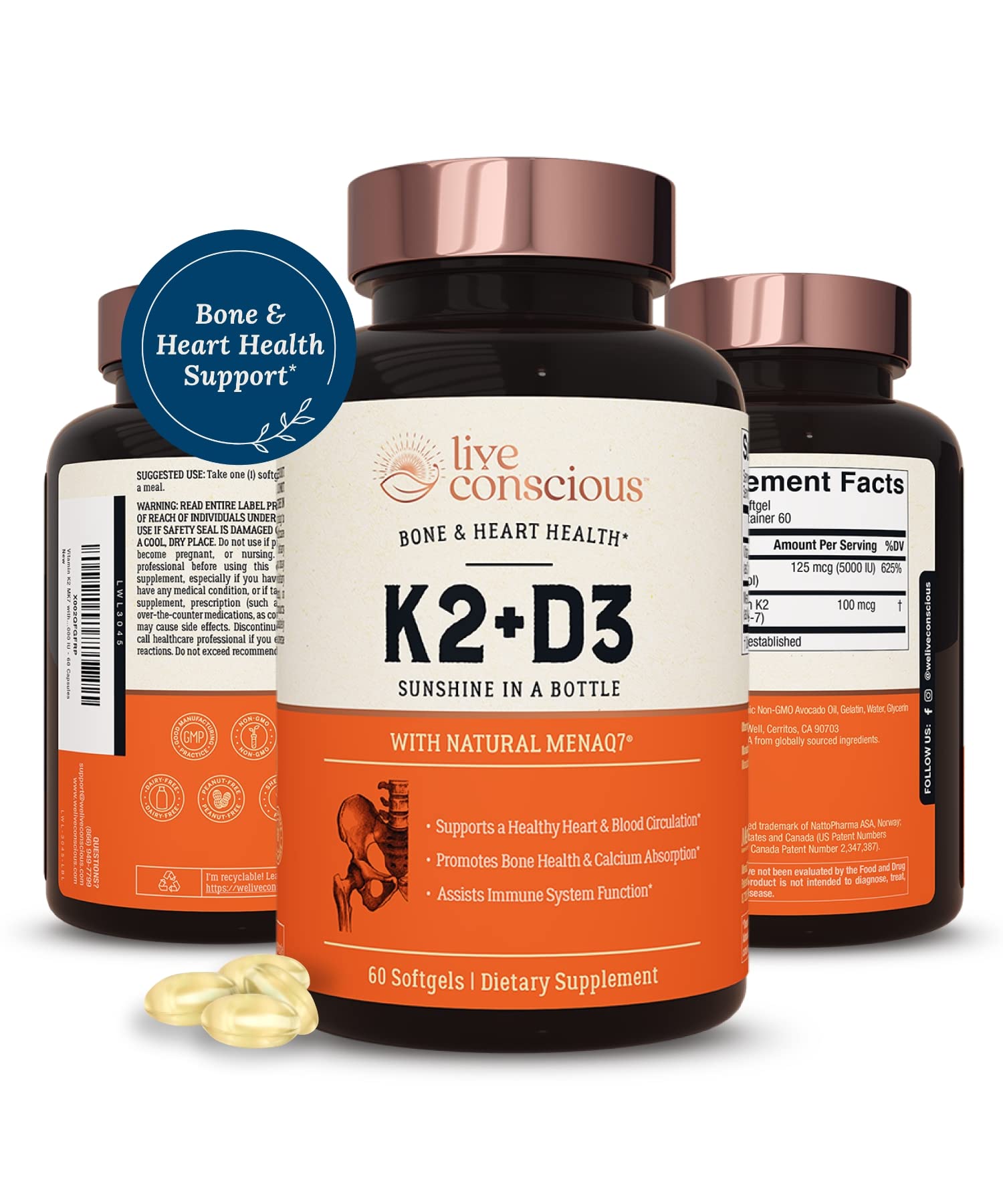 Live Conscious Vitamin K2 MK7 with D3 5000 IU Softgels for Bone & Heart Health
| Patented Live Conscious Vitamin K2 MK7
