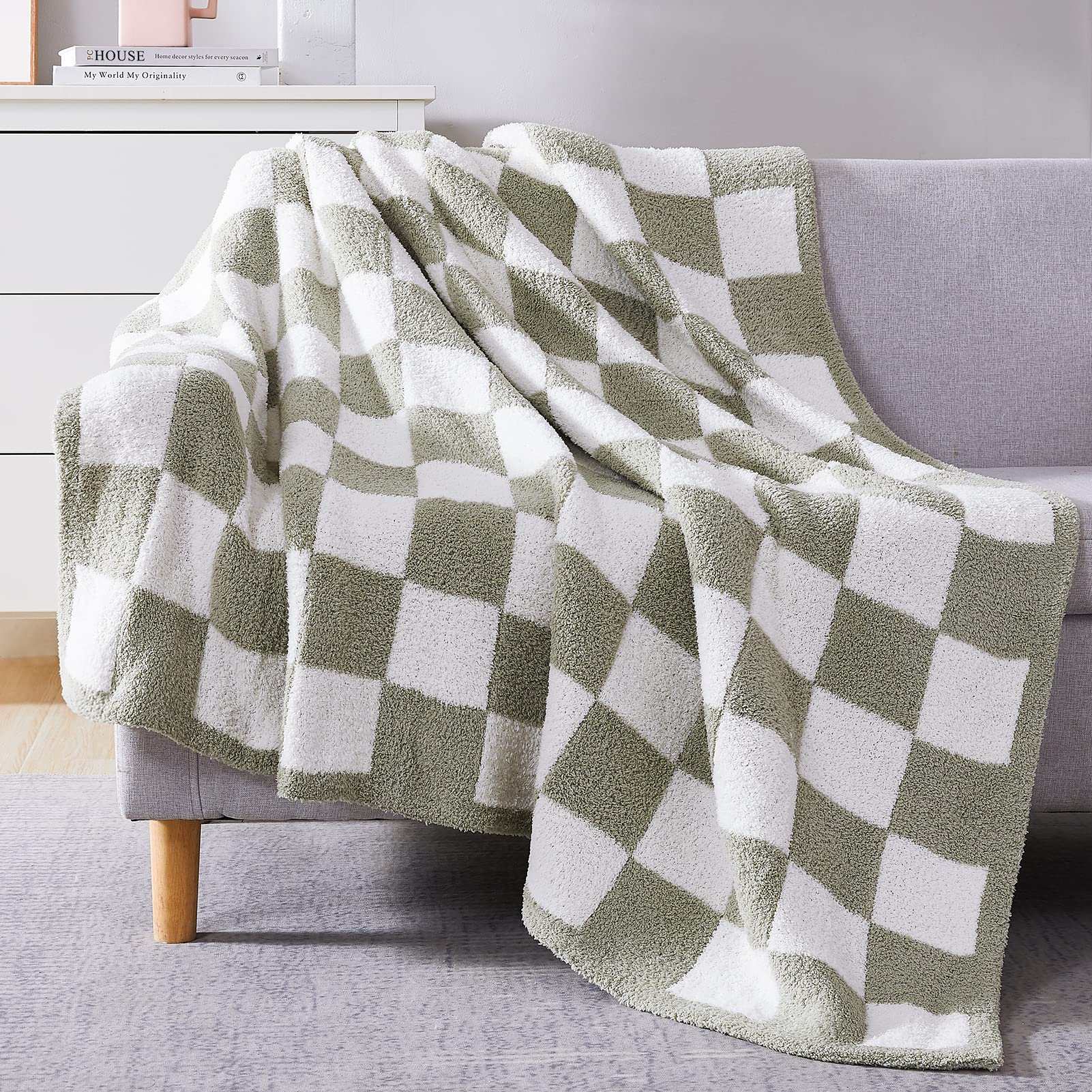 WRENSONGE Sage Green Checkered Soft Cozy Throw Blanket for Couch and Chair OEKO-TEX Certified Perfect Camping Gifts for